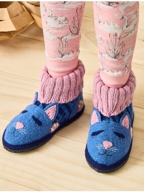 NWT Garnet Hill Girls’ Boiled Wool Slipper Boots Pink Blue Cute Cat Size 08T